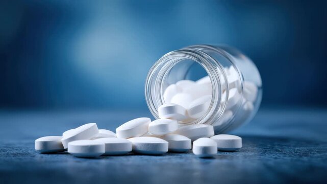 White tablets are scattered around a glass jar that has been tipped over. The bright blue background enhances the focus on the pills. This arrangement creates a striking visual effect