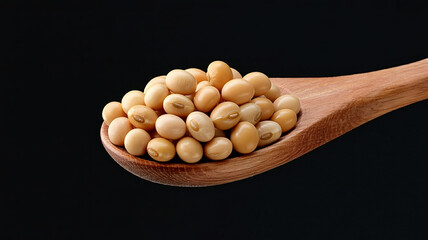 Nutritious soy beans pile on wooden spoon ready for healthy cooking and food preparation concepts, showcasing natural goodness
