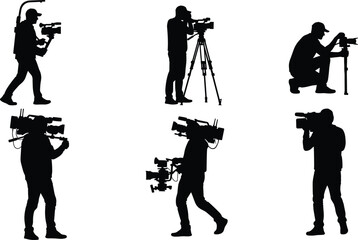 Camera operator silhouettes, video filming poses, tripod monopod handheld rigs, cinematography concept, black white drawing, filmmaking illustration, production crew