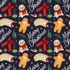 Seamless Christmas pattern with gingerbread, bear stocking, red bow, stars, fir branch, Merry Christmas text and cute white seal in a red scarf. Perfect for wrapping paper, textile, kids design.