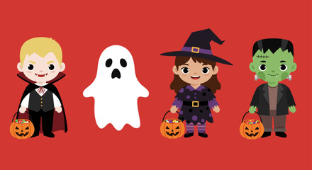 Four costume for halloween party include dracula, ghost, witch, and frankenstein, chibi vector illustration