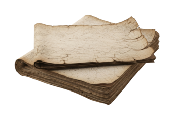 Aged ecru parchment sheets, one folded over the other, with intricate crinkles and faded ancient script, isolated on a transparent background with copy space, macro studio shot. Concept of historical