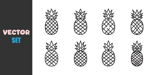Eight hand drawn outline pineapples arranged in two rows