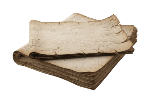 Aged ecru parchment sheets, one folded over the other, with intricate crinkles and faded ancient script, isolated on a transparent background with copy space, macro studio shot. Concept of historical - Powered by Adobe