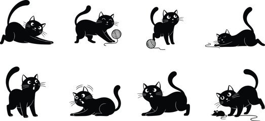 Cartoon black cat character illustrations in playful poses, yarn, toy mouse, stretching, startled, curious expressions, fun animal artwork sequence