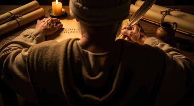 Scribe man writing on ancient scroll with feather quill. Biblical era historical concept. Old testament and gospel knowledge.