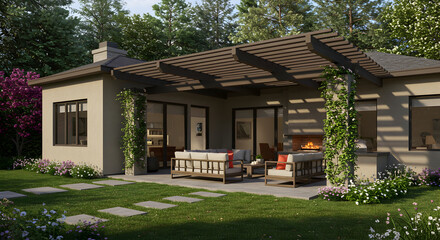 A home with a large, shaded outdoor living area