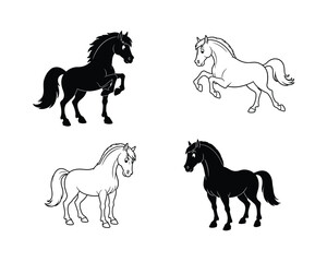 Four stylized cartoon horses in black and white with dynamic poses and distinct outlines on a white background