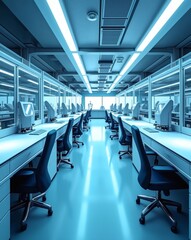 Fototapeta premium A modern, well-lit lab featuring rows of workstations and equipment, showcasing a clean, technological environment.