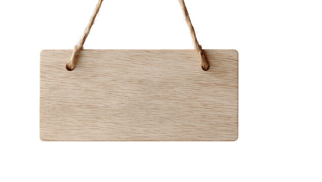 Empty light beige wooden sign, rectangular shape, suspended by light brown strings