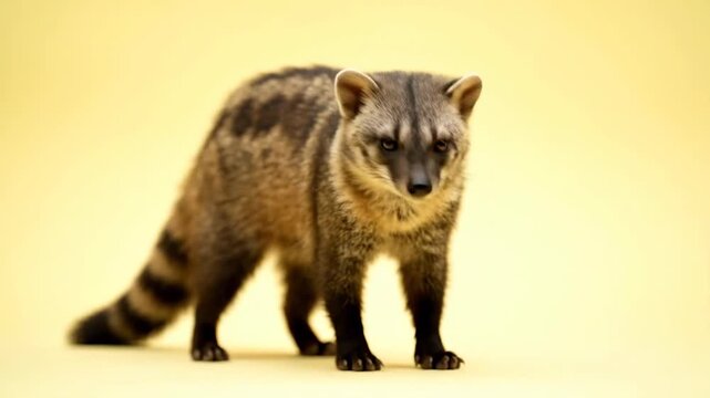 A genet stands against a yellow backdrop with brown fur black spots striped tail and alert forwardfacing eyes