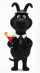 Black dog in a suit holding a cocktail with a confident expression  