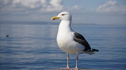 Majestic seagull with piercing red eyes stands alert against a serene ocean backdrop, embodying freedom and coastal spirit.