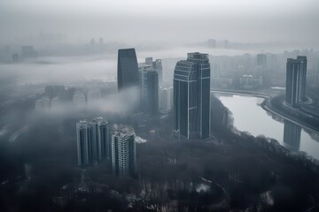 Modern cityscape shrouded in a dense fog with skyscrapers rise above the misty landscape.