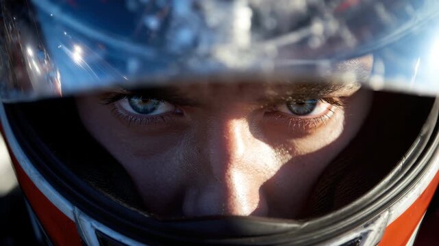The close-up captures the focused eyes of a racer inside the helmet, ready to take on the racing track. Sunlight reflects off the helmet, highlighting the intense atmosphere of competitive racing