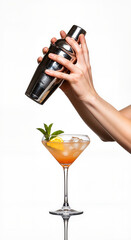 Bartender shaking cocktail in shaker with fresh lemon garnish  
