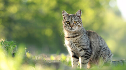 Majestic tabby cat with striking amber eyes sits serenely amidst lush green foliage bathed in warm sunlight