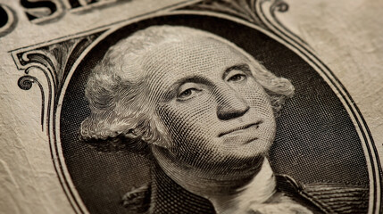 A close up of a picture of George Washington on a dollar bill