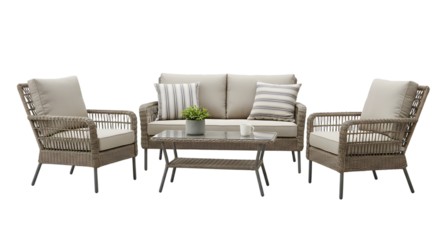 Outdoor patio furniture set with sofa, chairs, and coffee table isolated on transparent background