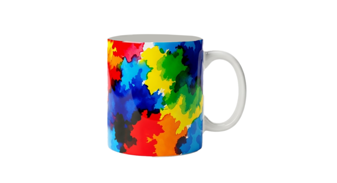 Vibrant Rainbow Paint Splash Ceramic Coffee Mug Isolated on White Background; Modern Abstract Art Design for Beverages and Decor