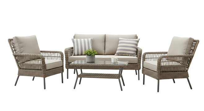 Outdoor patio furniture set with sofa, chairs, and coffee table isolated on transparent background