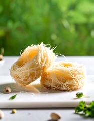 Two light-beige, delicate pastries