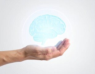 Open hand gently holds a translucent glowing blue brain, representing abstract concepts of intelligence, mind care, advanced technology, and cognitive thought.