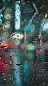 Lights of the evening city and passing cars through a wet rainy window.