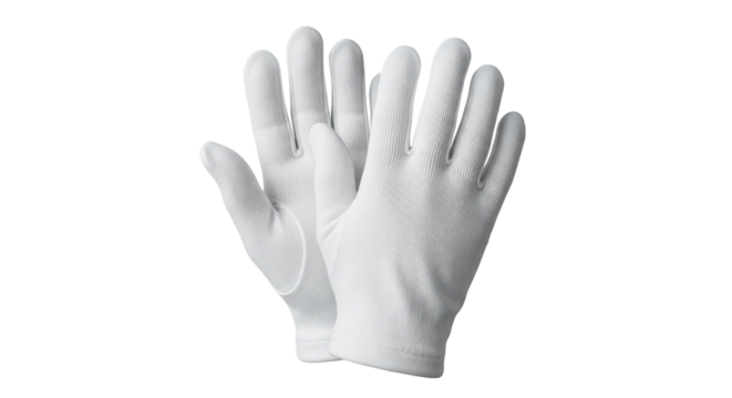 Pair of Clean White Cotton Gloves Isolated on Pure White Background, Ideal for Formal Wear, Service, or Delicate Handling