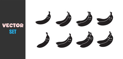 Obraz premium Set of eight cartoon bananas with happy faces and black outlines