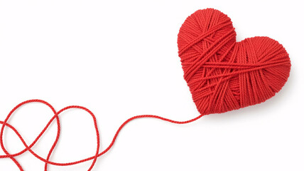 Vibrant red yarn intricately crafted into a heartfelt shape, symbolizing love and creativity with a playful trailing thread.