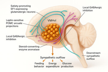Anatomical illustration of the ventromedial hypothalamus (VMHvl) in the brain, detailing its role in satiety, feeding behavior, energy expenditure, and glucose production, highlighting neuronal projec
