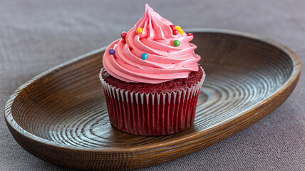 Indulge in a delightful red velvet cupcake with vibrant pink frosting and colorful sprinkles, a perfect sweet treat for any celebration.