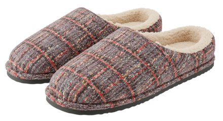 Comfortable Plaid House Slippers with Warm Faux Shearling Lining. Cozy Indoor Footwear for Relaxation, Isolated on White.