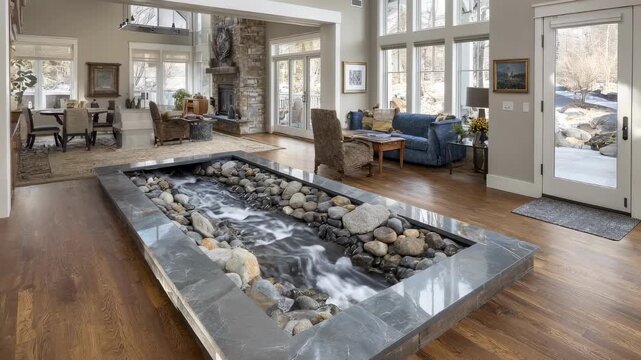 A serene indoor water feature with flowing water and smooth stones adds a calming element to a contemporary room promoting relaxation and biophilic connection.