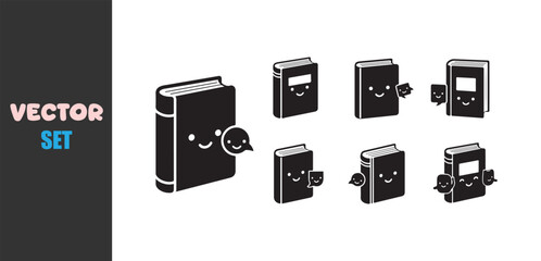 Cute cartoon books with faces and speech bubbles in a group