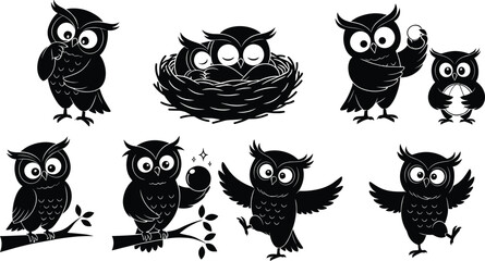 Cartoon owl silhouette, funny owl illustration, expressive owl poses, owl with ball, magical owl artwork, owl family nest, owl dancing, owl mascot design