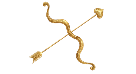 Ornate Golden Glitter Cupid Bow and Heart Arrow Isolated on White for Valentine's Day Love Symbol