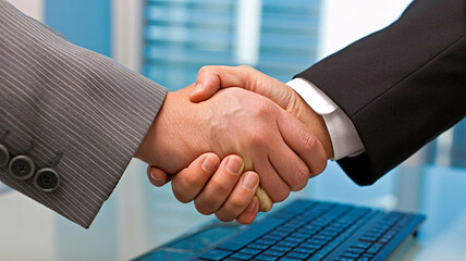 Confident professionals sealing a deal with a firm handshake over a modern desk, symbolizing trust and partnership in business success.