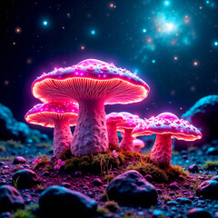 Bioluminescent Mushrooms Under Cosmic Night Glowing pink and purple mushrooms rise from mossy terrain, casting soft light across wet stones. 