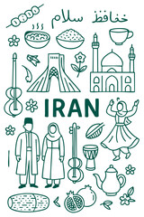 Iran Culture Illustration Set &ndash; Traditional People, Music, Dance, Food, and Symbols