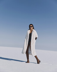 A beautiful and stylish girl in a fur coat walks on a sunny winter day on the frozen sea