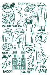 Vietnamese Culture Illustration Set – Traditional People, Music, Dance, Food, and Symbols