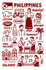 Philippines Culture Illustration Set &ndash; Traditional People, Music, Dance, Food, and Symbols