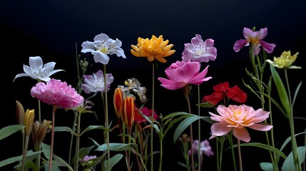 Obraz premium A diverse array of lush, blooming flowers including tulips, peonies, dahlias, and irises, set against a dark background for a striking and elegant display.