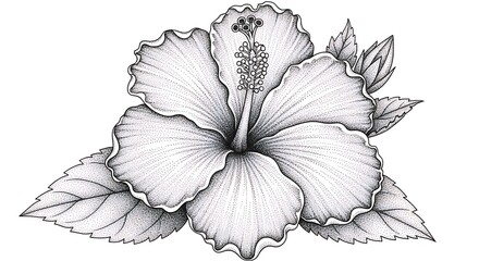 Detailed grayscale drawing of a hibiscus flower with leaves, showcasing intricate shading and petal texture