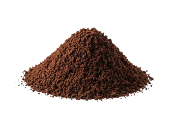 A singular heap of coarsely ground dark rich brown coffee, granular texture, macro shot against a transparent background with ample copy space, professionally lit. Concept for coffee advertising