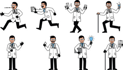 Cartoon scientist doctor illustration, laboratory character, medical poses, research concept, innovation design, healthcare artwork, scientist vector