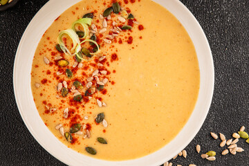 cream soup pumpkin first course vegetables dish natural product tasty snack fresh delicious gourmet food background on the table rustic top view copy space keto and paleo diet vegan and vegan food