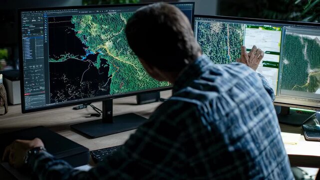 Medium shot of a forestry expert using remote sensing software to assess tree density and detect forest fires from satellite data.